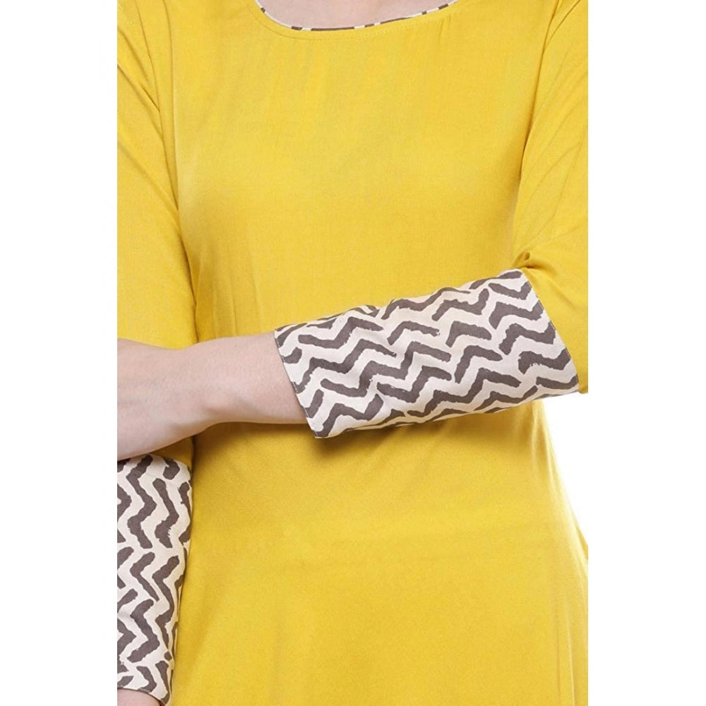 Embellished Women's Rayon Printed Solid Anarkali Kurti (Yellow, Rayon)