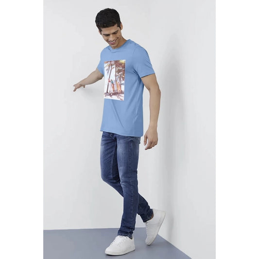 Generic Men's��Casual Half sleeve Digital Printed Cotton Crew Neck T-shirt (Sky Blue)