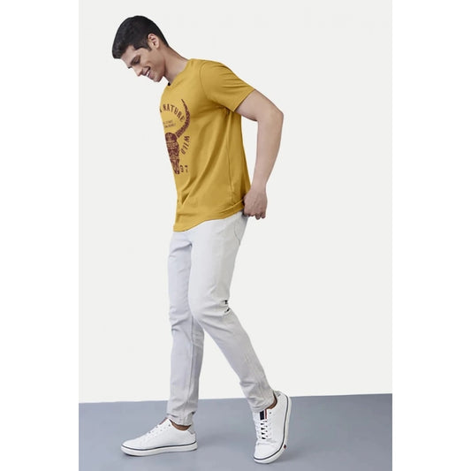 Generic Men's��Casual Half sleeve Printed Polyester Crew Neck T-shirt (Mustard)