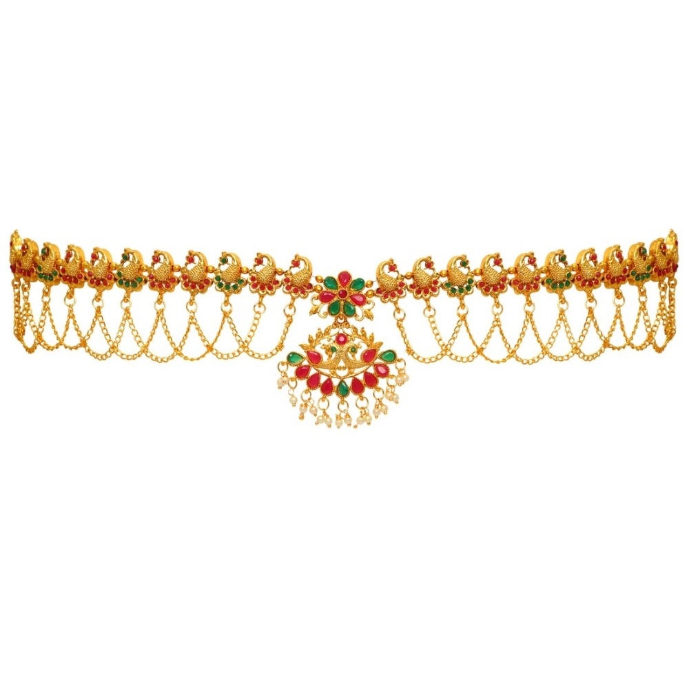 Generic Women's Maroon & Green Color Glass Stone Kamarband Adjustable Chain