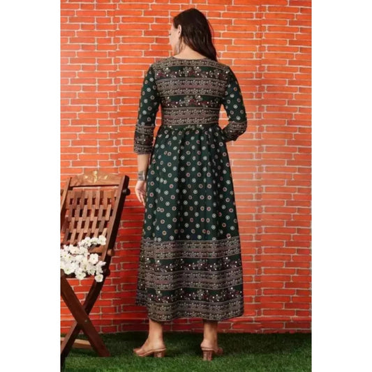 Generic Women's Casual 3/4 Sleeve Printed Rayon Anarkali Gown (Green)