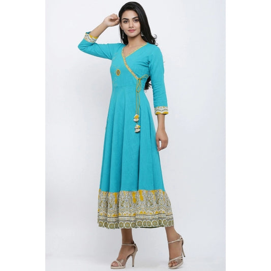 Charming Generic Women's Casual 3/4 th Sleeve Embroidery Cotton Blend Kurti (Torque Green)