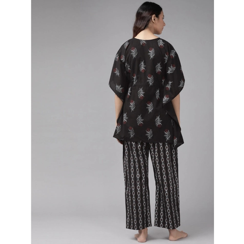 Generic Women's Casual Kimono Sleeve Floral Printed Cotton Pyjama Set (Black)