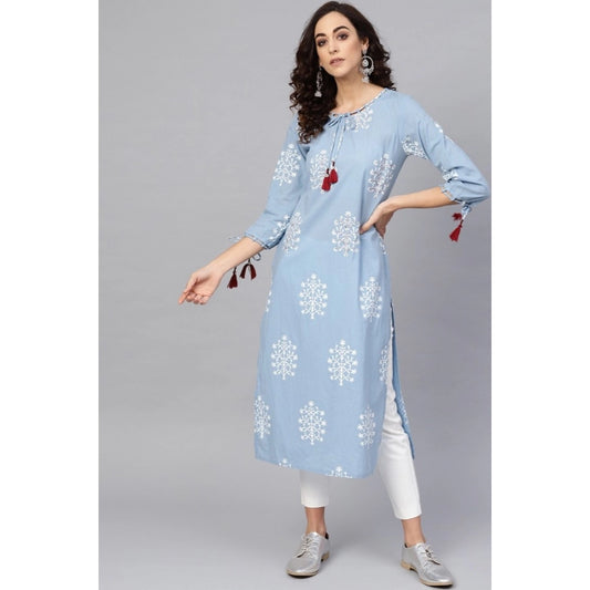 Classic Women's Casual 3/4 th Sleeve Embroidery Cambric Cotton Kurti (Blue)