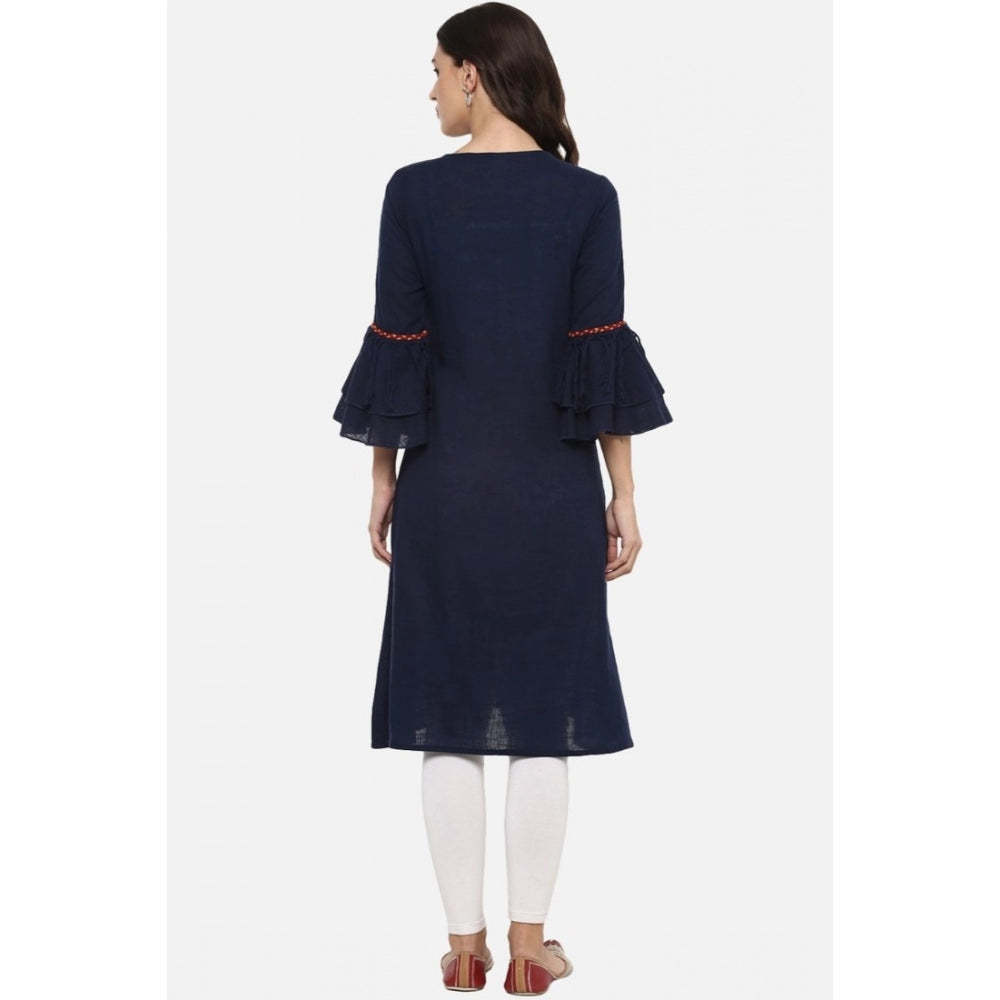 Embellished Women's Casual Bell Sleeves Solid Cotton Slub Kurti (Blue)