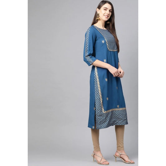 Alluring Women's Casual 3/4 th Sleeve Floral Printed Rayon Kurti (Blue)