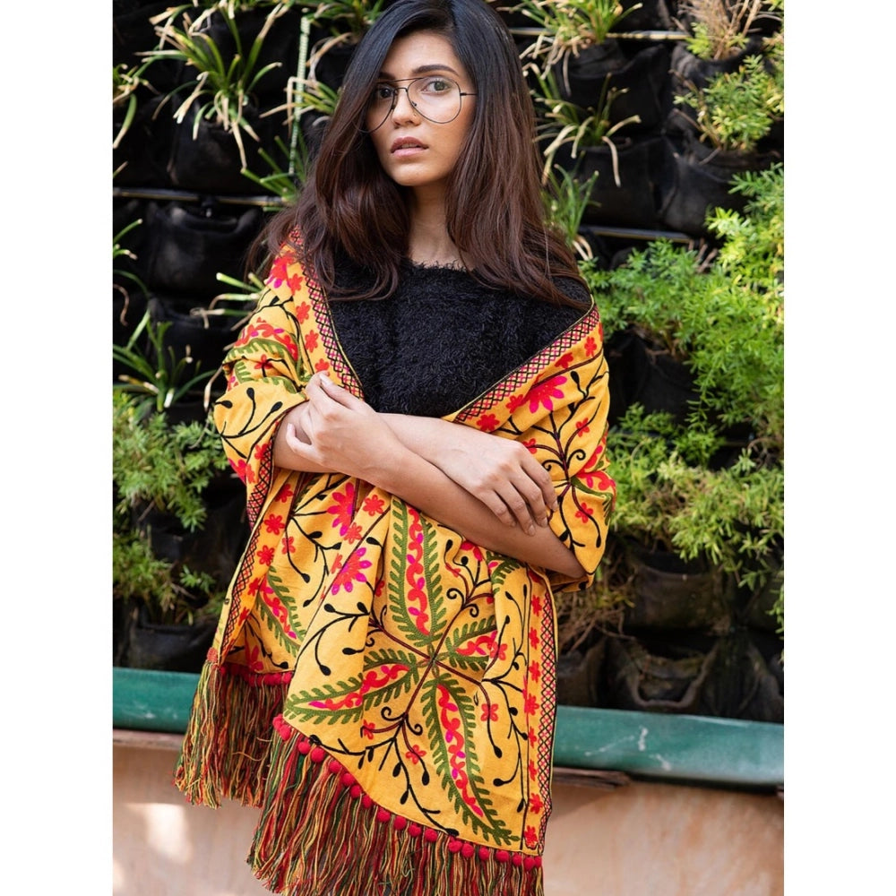 Generic Women's Cotton Embroidered Muffler (Mustard, Length: 0.5 to 1 Mtr)