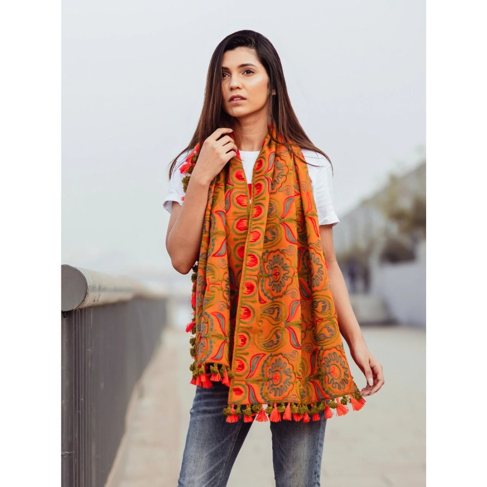 Generic Women's Cotton Embroidered Muffler (Orange, Length: 0.5 to 1 Mtr)