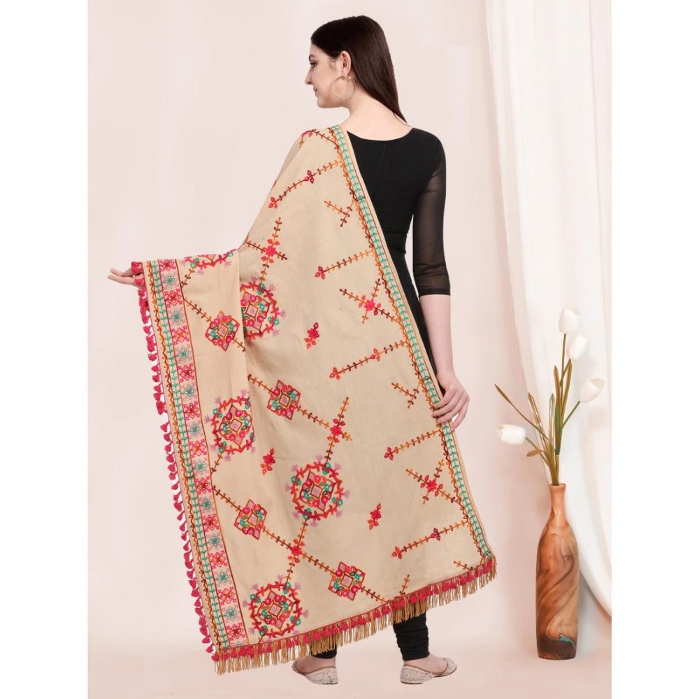 Generic Women's Cotton Embroidered Dupatta (Beige, Length: 0.5 to 1 Mtr)