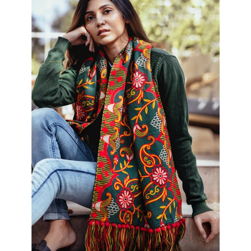 Generic Women's Cotton Embroidered Muffler (Green, Length: 0.5 to 1 Mtr)