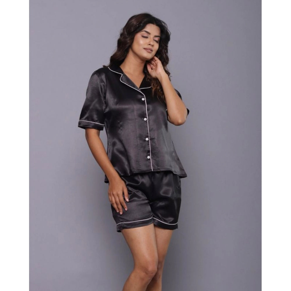 Generic Women's Casual Satin Half Sleeve Night Suit Set (Black)