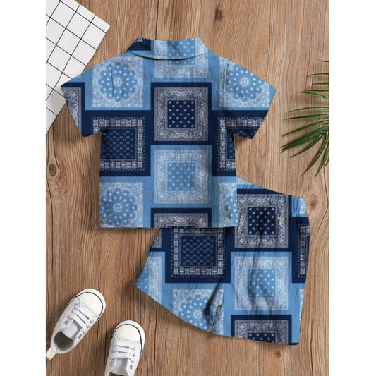 Generic Boy's Twill Cotton Printed Short Sleeve Shirt And Shorts Set (Blue)