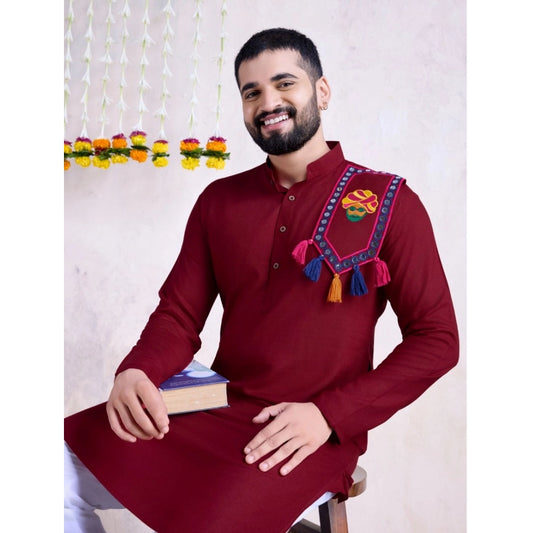 Dressed to Drape Men's Rayon Mirror Embroidery Mandarin Collar Kurta (Maroon)