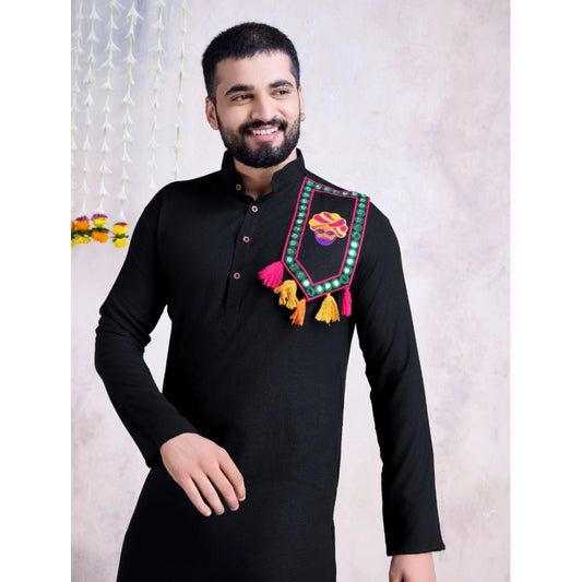 Ethnic After Dark Men's Rayon Mirror Embroidery Mandarin Collar Kurta (Black)