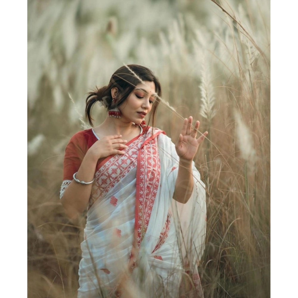Generic Women's Cotton Printed Saree With Unstitched Blouse 5.5Mtr (White-Red)