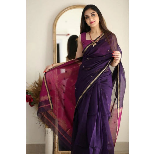 Generic Women's Cotton Printed Saree With Unstitched Blouse 5.5Mtr (Navy Blue)