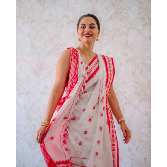 Generic Women's Cotton Printed Saree With Unstitched Blouse 5.5Mtr (White-Pink)