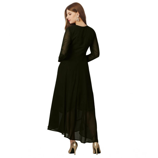 Generic Women's Georgette Embroidered Full Sleeve Round Neck Gown (Mehendi)
