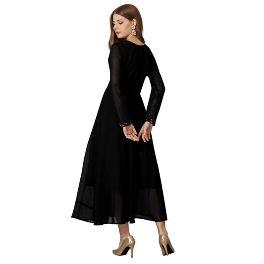 Generic Women's Georgette Embroidered Full Sleeve Round Neck Gown (Black)