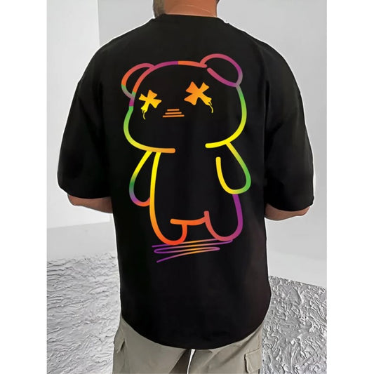 Generic Men's Casual Cotton Blend Printed Round Neck Half Sleeve T-Shirt (Black)