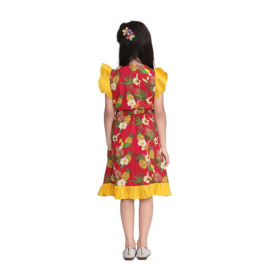 Generic Girl's Cotton Printed Cold Shoulder V-Neck Dress (Pink)