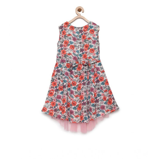 Generic Girl's Polyester Crepe Printed Sleeveless Round Neck Dress (Multicolor)
