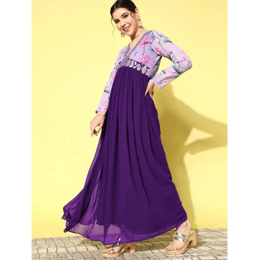 Refined Women's Georgette Embroidery 3-4th Sleeve V-Neck Kurti (Purple)