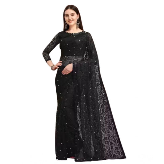 Generic Women's Net Self Design Saree With Unstitched Blouse 5.5Mtr (Black)
