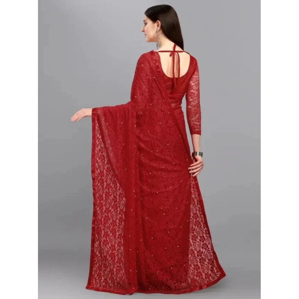 Generic Women's Net Self Design Saree With Unstitched Blouse 5.5Mtr (Maroon)