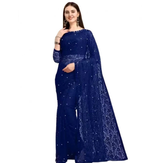 Generic Women's Net Self Design Saree With Unstitched Blouse 5.5Mtr (Navy Blue)