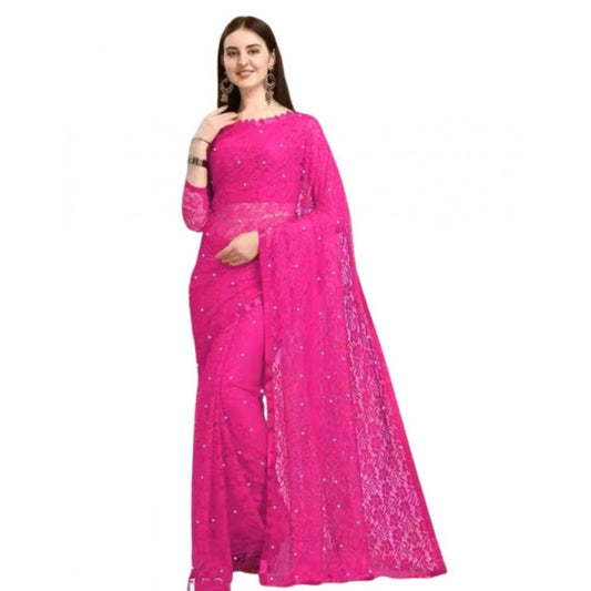 Generic Women's Net Self Design Saree With Unstitched Blouse 5.5Mtr (Rani)