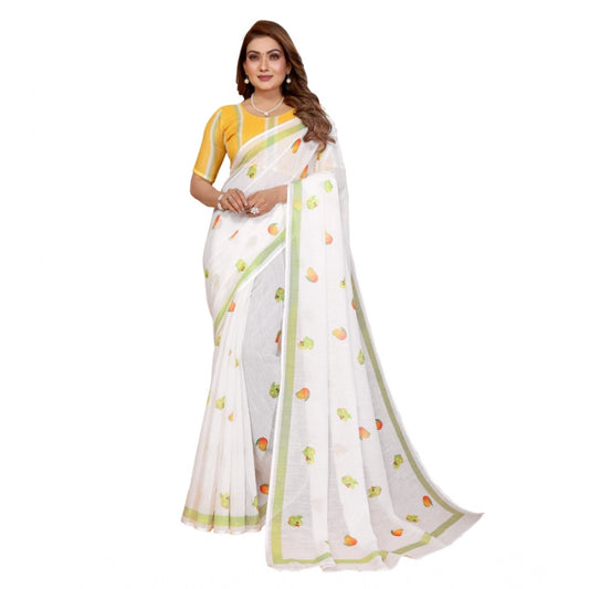 Generic Women's Linen Cotton Printed Saree With Unstitched Blouse 5.5Mtr (White)