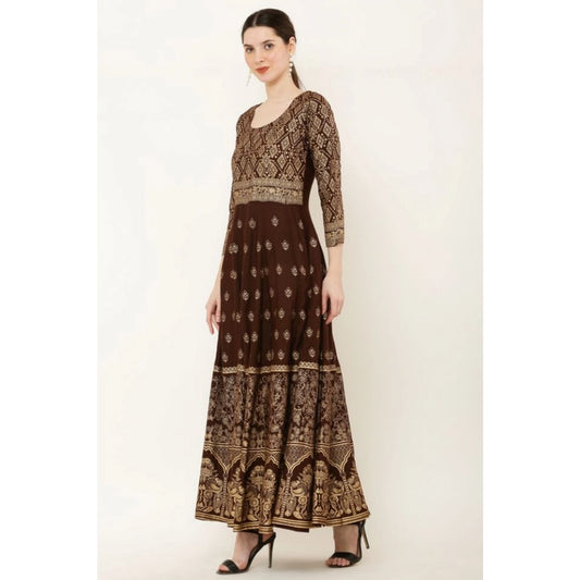 Alluring Women's Casual Rayon 3-4th Sleeves Anarkali Kurti (Brown)