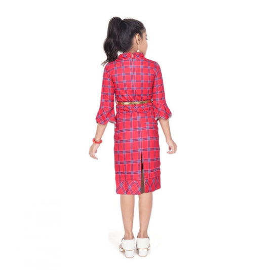 Generic Girl's Knitted Printed 3/4 th Sleeve Close Neck Dress (Pink)