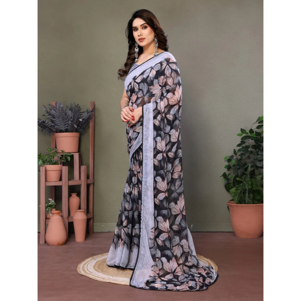 Generic Women's Chiffon Printed Saree With Unstitched Blouse 5.5Mtr (Grey)