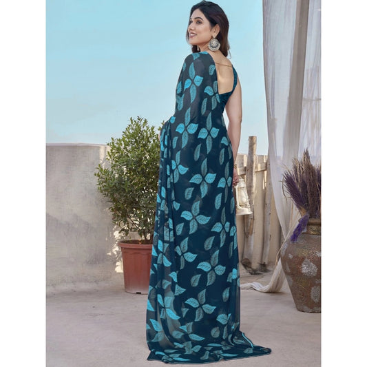 Generic Women's Chiffon Printed Saree With Unstitched Blouse 5.5Mtr (Blue)