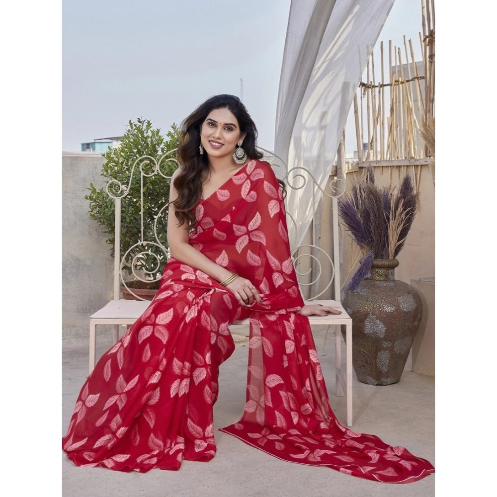 Generic Women's Chiffon Printed Saree With Unstitched Blouse 5.5Mtr (Red)