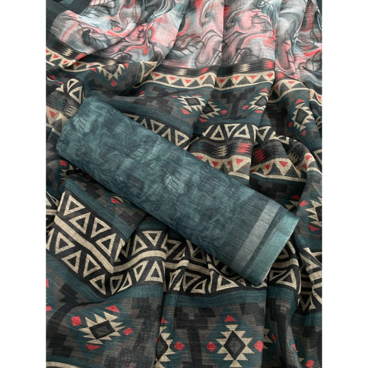 Generic Women's Linen Cotton Printed Saree With Unstitched Blouse 5.5Mtr (Blue)