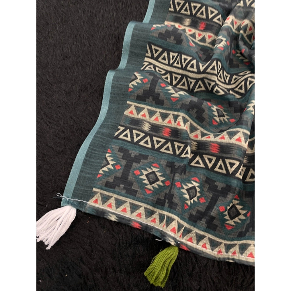 Generic Women's Linen Cotton Printed Saree With Unstitched Blouse 5.5Mtr (Blue)