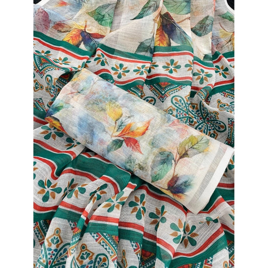 Generic Women's Linen Cotton Printed Saree With Unstitched Blouse 5.5Mtr (Green)