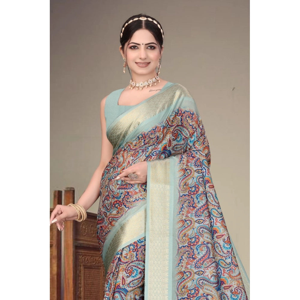 Generic Women's Cotton Silk Printed Saree With Unstitched Blouse 5.5Mtr (Multicolor)