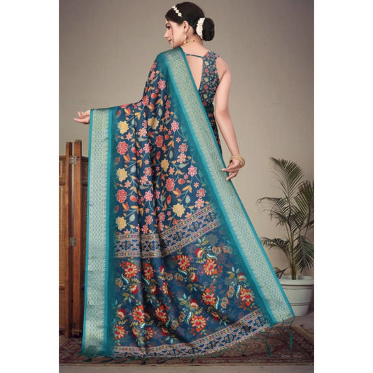 Generic Women's Cotton Silk Printed Saree With Unstitched Blouse 5.5Mtr (Blue)