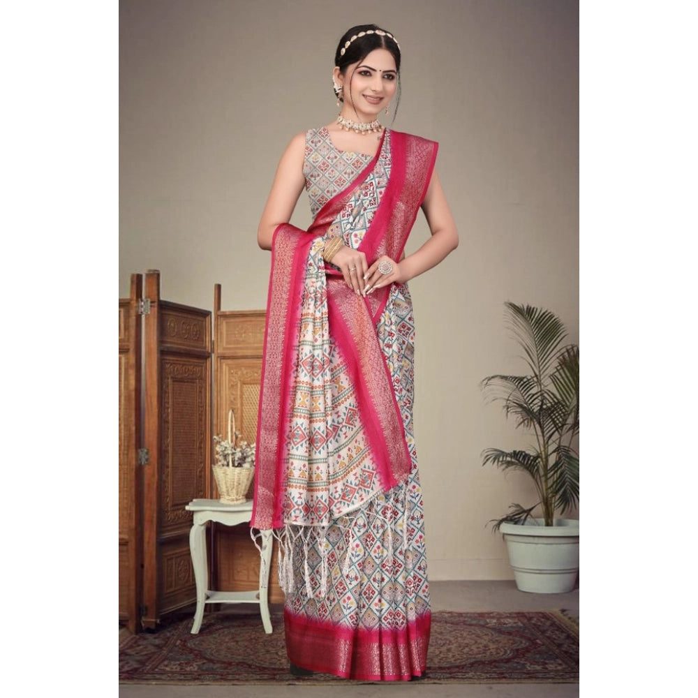 Generic Women's Cotton Silk Printed Saree With Unstitched Blouse 5.5Mtr (Pink)