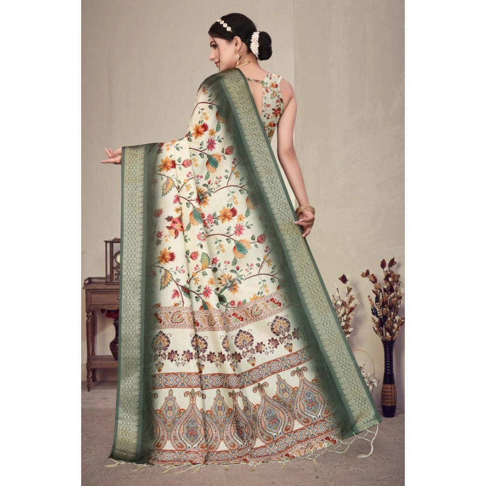 Generic Women's Cotton Silk Printed Saree With Unstitched Blouse 5.5Mtr (Green)
