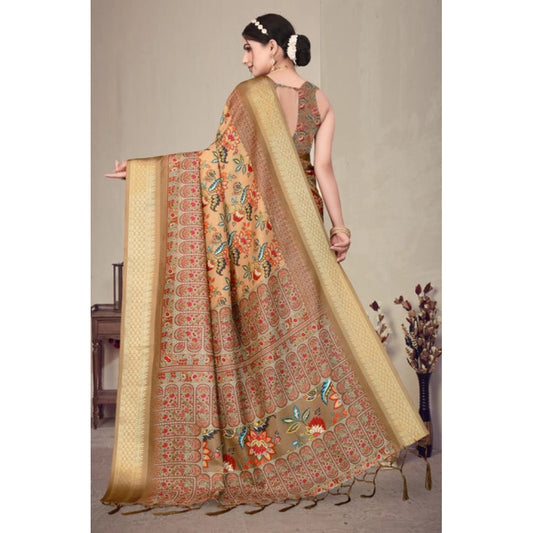 Generic Women's Cotton Silk Printed Saree With Unstitched Blouse 5.5Mtr (Peach)