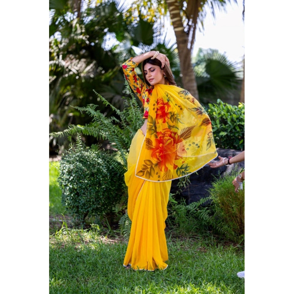 Generic Women's Georgette Printed Saree With Unstitched Blouse 5.5Mtr (Yellow)