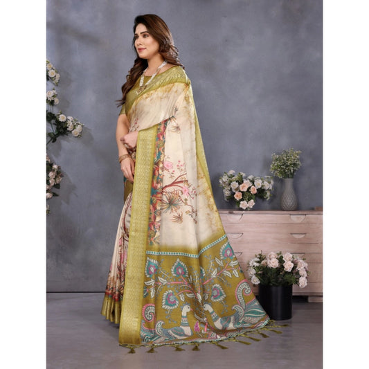 Generic Women's Cotton Silk Printed Saree With Unstitched Blouse 5.5Mtr (Olive Green)