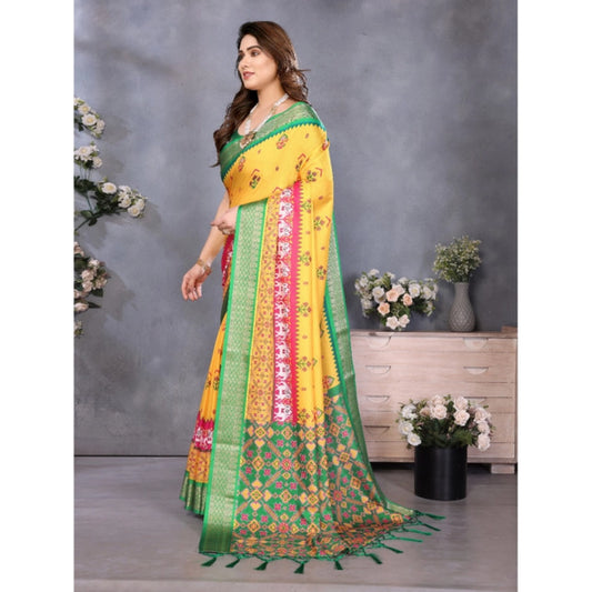 Generic Women's Cotton Silk Printed Saree With Unstitched Blouse 5.5Mtr (Yellow)