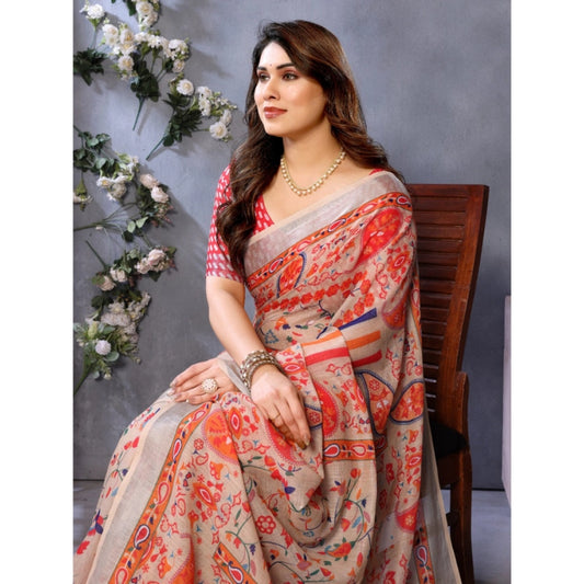 Generic Women's Linen Cotton Printed Saree With Unstitched Blouse 5.5Mtr (Orange )