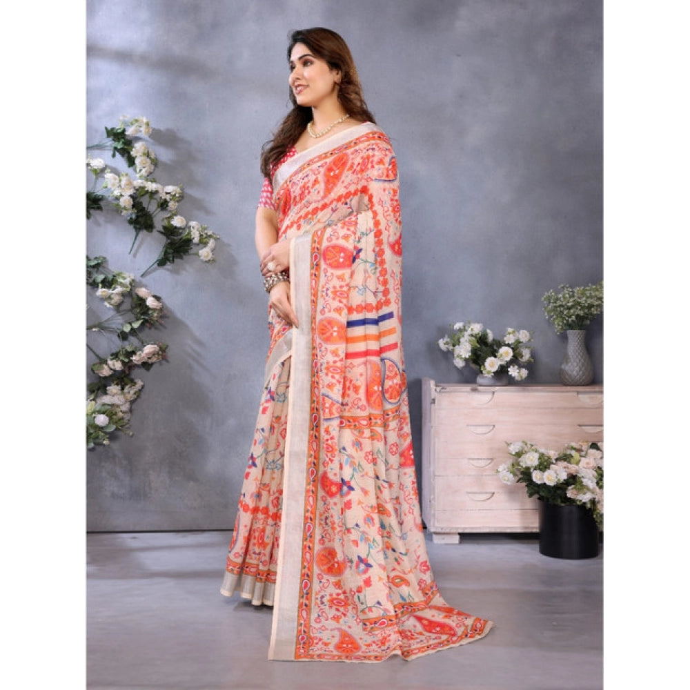 Generic Women's Linen Cotton Printed Saree With Unstitched Blouse 5.5Mtr (Orange )